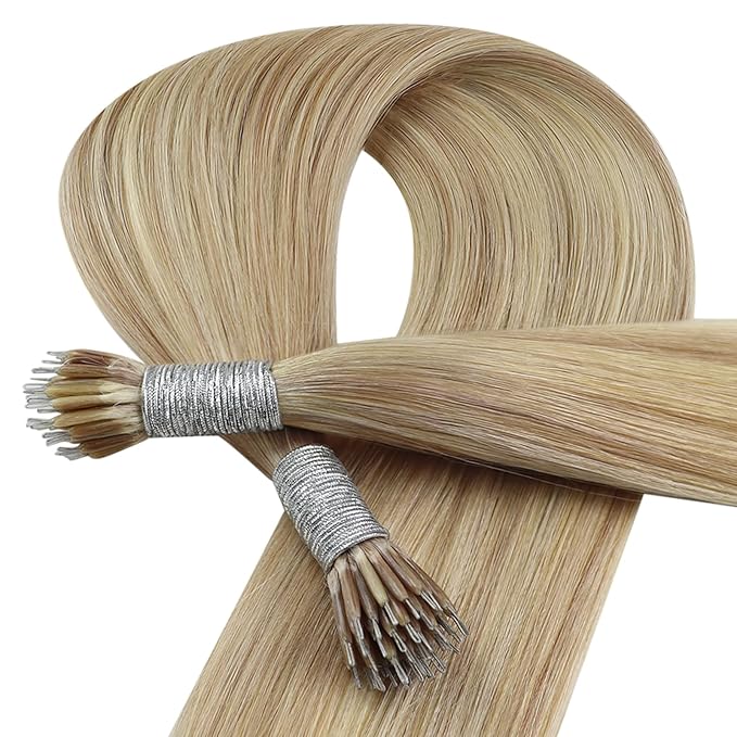 YoungSee Nano Ring Hair Extensions Highlights Blonde Nano Link Human Hair Extensions Blonde for Women Pre Bonded Nano Beads Hair Extension Real Human Hair Straight and Soft 18inch 50g 50s Cold Fusion
