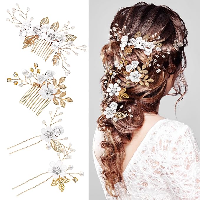 Wedding Flower Hair Accessories for Women: 4pcs Leaf and Flower Hair Combs for Women Accessories - Crystal Pearl Wedding Flower Clips Headpiece for Brides Bridesmaids Girls Updo (White)
