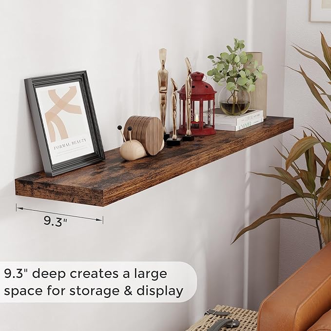 55 Inch Floating Shelves Set of 2, Rustic 55 x 9 Floating Shelf for Wall, 9 Inch Deep Wall Shelves Invisible Bracket, Large Deep Shelving for Bedroom, Kicten, Living Room, Rustic Brown Color