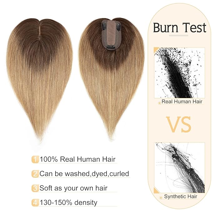 SEGO Human Hair Toppers for Women With Thinning Hair, 7 * 13CM Silk Base 100% Real Human Hair Clip in Top Wiglet Hairpieces -12 Inch No Bangs Medium Brown to Dark Blonde