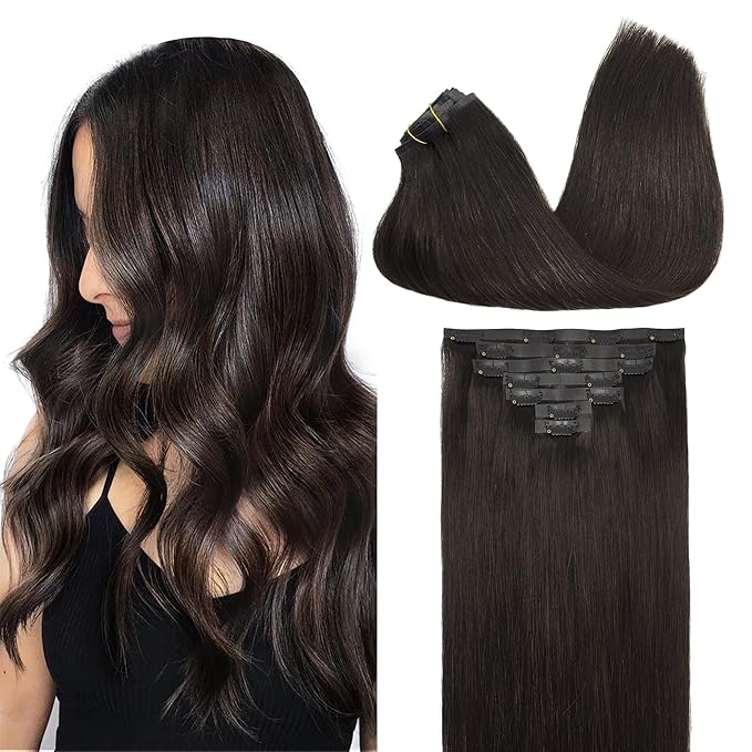 GOO GOO Clip in Hair Extensions Real Human Hair, Remy Human Hair Extensions Clip ins for Women, Natural Human Hair, 22inch 150g 7Pcs, 2 Dark Brown