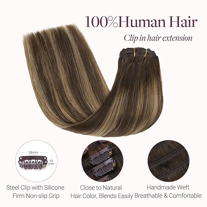 GOO GOO Clip in Hair Extensions Real Human Hair, Remy Human Hair Extensions Clip ins for Women, Natural Human Hair, 12inch 85g 7Pcs, 4/27/4 Balayage Chocolate Brown to Caramel Blonde