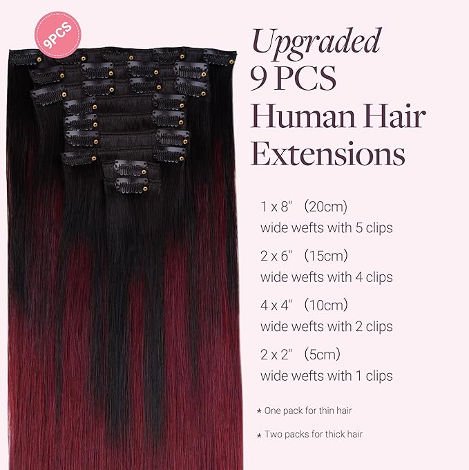 GOO GOO Clip in Hair Extensions Real Human Hair, Remy Human Hair Extensions Clip ins for Women, Natural Human Hair, 14inch 150g 9 Pcs, #1/99j Balayage Jet Black to Red