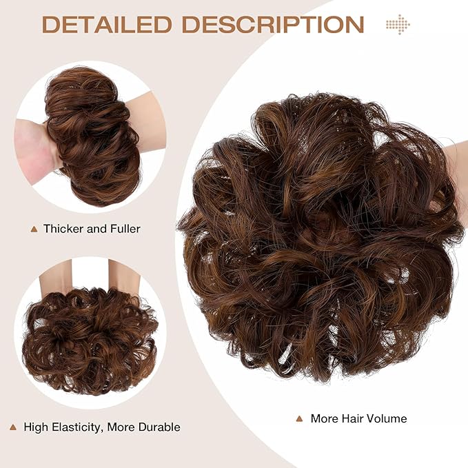 Messy Bun Hair Piece Wavy Curly Scrunchies Fluffy Donut Thick Updo Elegant Chignon Hairpieces for Women Girls, Light Brown Mix Mid Brown 1.4oz