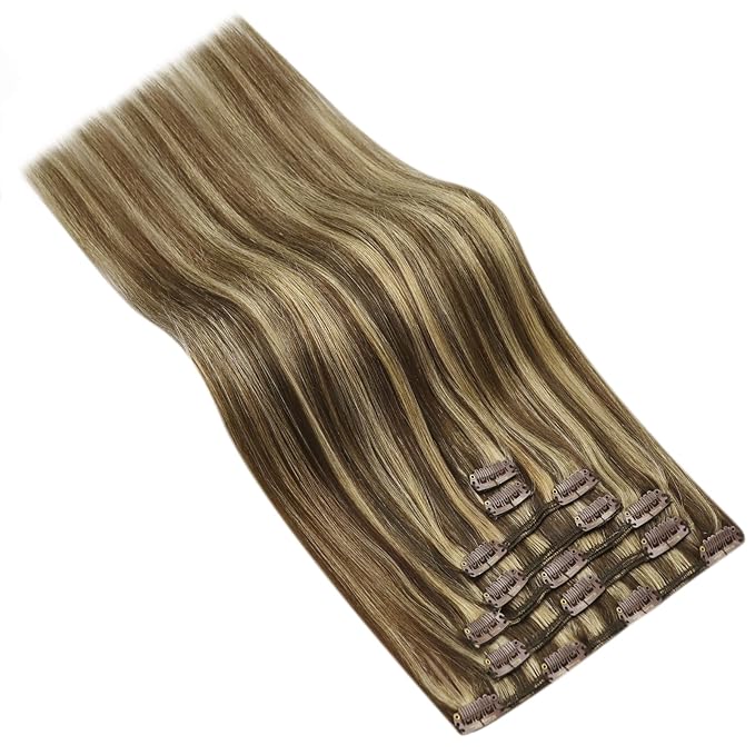 Ve Sunny Clip in Hair Extensions Real Human Hair Brown Clip in Hair Extensions Highlights Human Hair Clip in Extensions Dark Brown with Caramel Blonde Easy to Wear 100g 14inch 7pcs