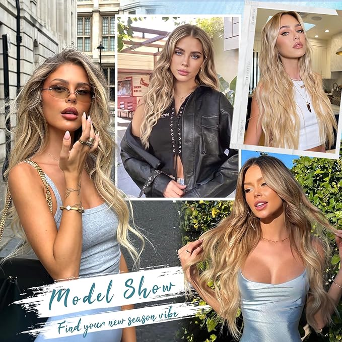 KooKaStyle Clip in Synthetic Hair Extensions Long Wavy 4PCS Thick Hairpieces Light Brown mix Golden Blonde Fiber Double Weft Natural Hair Extensions 24 Inch for Women