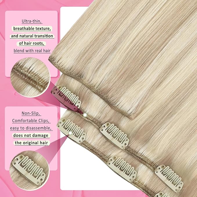 YoungSee 135G Blonde Clip in Hair Extensions Highlight Hair Extensions Clip ins Straight Clip on Hair Extensions for Women Ash Blonde Highlights Bleach Blonde 18Inch 7Pcs