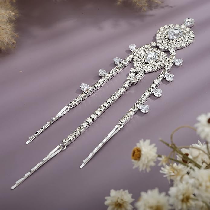 YERTTER Wedding Silver Rhinestone Head Chain With Clip Jewelry Forehead Tassel Fringe Headband Headpiece Crystal Chain Headband Hair Accessories for Women Brides Prom Costume(Silver 2)