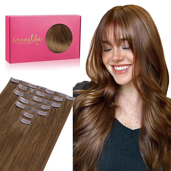 WENNALIFE Seamless Clip In Hair Extensions Human Hair, 12 Inch 80g 7pcs Light Auburn Brown Real Hair Extensions Clip in Human Hair Invisible PU Skin Weft Natural Remy Hair