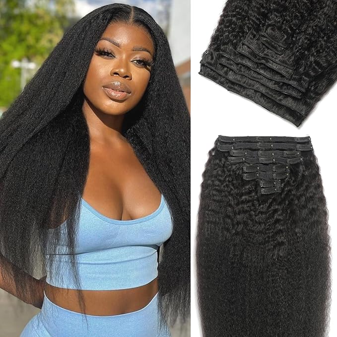 26Inch Kinky Straight Clip Ins Real Human Hair for Black Women Brazilian Real Hair Extensions 125g 8Pcs with 18Clips Per Set Double Weft Human Hair Clip Ins for Full Head (26 Inch)