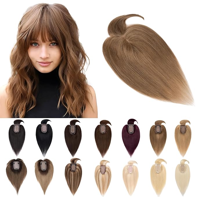 SEGO Hair Toppers for Women Real Human Hair With Bangs, 7 * 13CM Silk Base 100% Remy Human Hair Clip in Top Wiglet Hairpieces Add Volume -10 Inch Light Brown