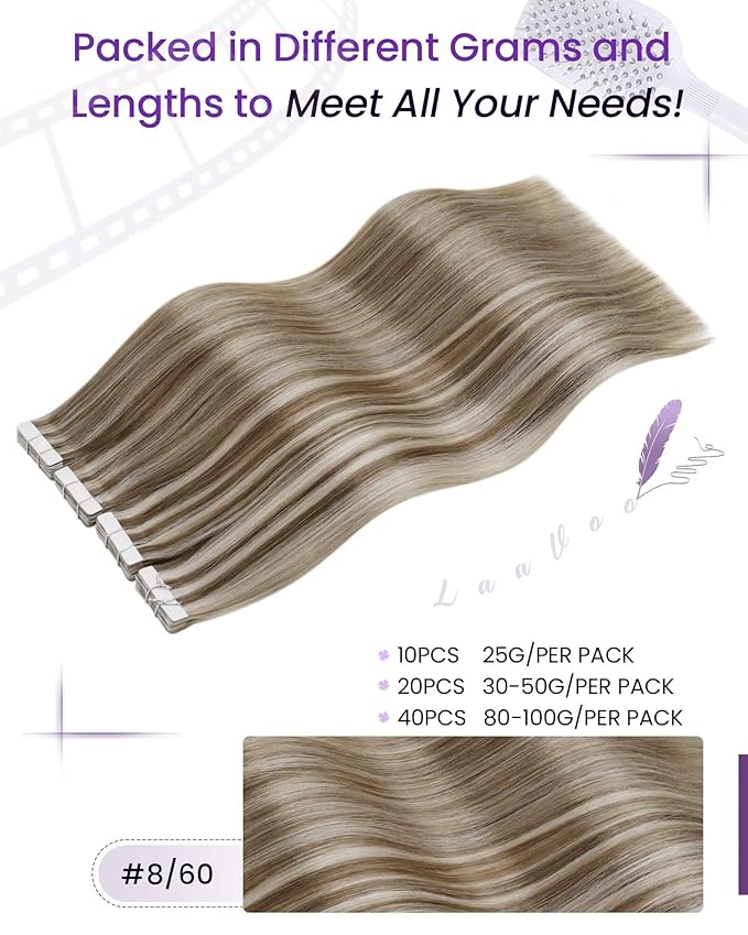 LaaVoo Hair Extensions Tape in Human Hair Balayage Tape in Hair Extensions Human Hair Brown with Blonde Highlights Tape on Hair Extension Invisible 18inch 20pcs 50 g