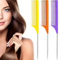 Leinuosen 3 Packs Rat Tail Comb Steel Pin Rat Tail Carbon Fiber Heat Resistant Teasing Combs with Stainless Steel Pintail (Purple, Orange, Yellow)