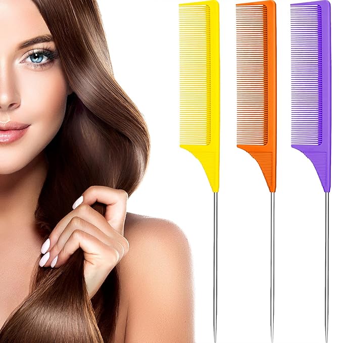 Leinuosen 3 Packs Rat Tail Comb Steel Pin Rat Tail Carbon Fiber Heat Resistant Teasing Combs with Stainless Steel Pintail (Purple, Orange, Yellow)