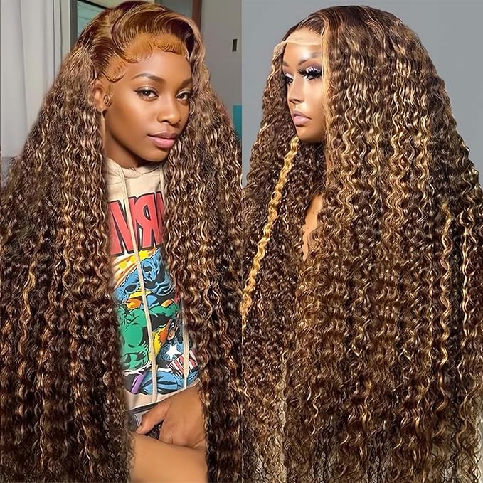 34 Inch Honey Blonde Ombre Highlight Deep Wave Lace Front Wigs Human Hair 200% Density 13x6 HD Transparent Lace Front Wigs Pre Plucked Glueless #4/27 Colored Curly Human Hair Wig for Women