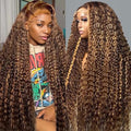 34 Inch Honey Blonde Ombre Highlight Deep Wave Lace Front Wigs Human Hair 200% Density 13x6 HD Transparent Lace Front Wigs Pre Plucked Glueless #4/27 Colored Curly Human Hair Wig for Women
