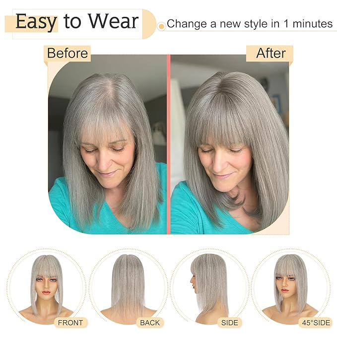 SEGO Grey Hair Toppers for Women Real Human Hair With Bangs, Salt and Pepper Hair Topper, 7 * 13 CM Silk Base Clip In Top Pieces Add Volume -12 Inch G3 Light Grey Mix