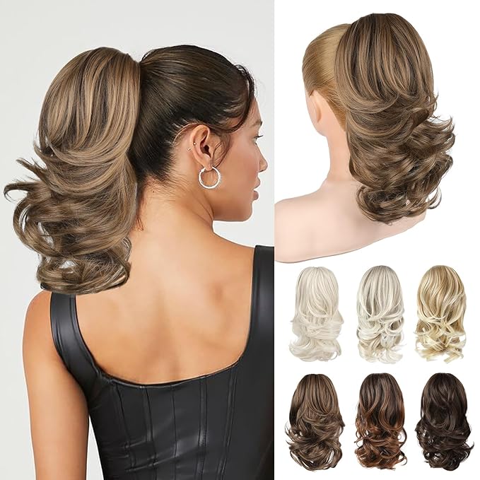 Ponytail Extension - 14" Claw Clip in Ponytail Hair Extensions Natural Soft Synthetic Layered Wavy Pony Tail Hair Pieces for Women - Chocolate Brown with Highlights