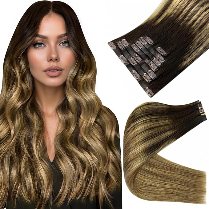 Full Shine Seamless Hair Extensions Clip in 20 Inch Clip in Extensions Ombre Dark Brown to Light Brown with Honey Blonde Thick Ends Human Hair Softness 8 PCS 120 G