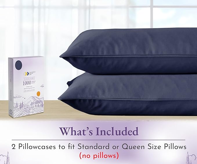 California Design Den Pillow Cases Queen Size Set of 2-1000 Thread Count Sateen, Soft & Thick 100% Cotton Queen/Standard Pillow Case Pair, Durable - Navy Blue