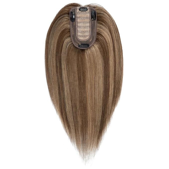 SEGO Human Hair Toppers for Women With Thinning Hair, 7 * 13CM Silk Base 100% Real Human Hair Clip in Top Wiglet Hairpieces /6 Inch No Bangs Medium Brown&Dark Blonde