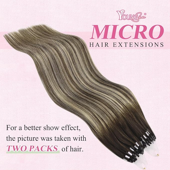 YoungSee Micro Bead Hair Extensions Real Human Hair Balayage Micro Ring Hair Extensions Human Hair Ombre Dark Brown to Blonde Beaded Hair Extension 22 Inch for Date Nights 50g 50s