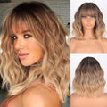 MISSQUEEN Ombre Blonde Wig with Bangs Short Wavy Brown Omber Blonde Wigs for Women Natural Looking Synthetic Heat Resistant Fiber Wig for Daily Party Cosplay Use