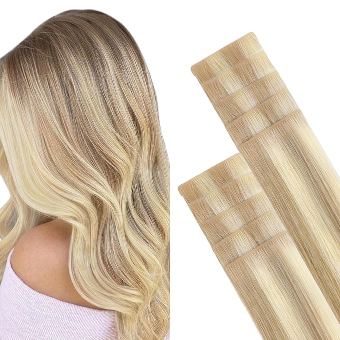 GOO GOO Invisi Edge Tape in Hair Extensions Human Hair, 18A/613A Dark Blonde Highlighted Bleach Blonde, 10pcs 18inch 25g, Virgin Remy Hair, Seamless Injected Tape, Natural Look