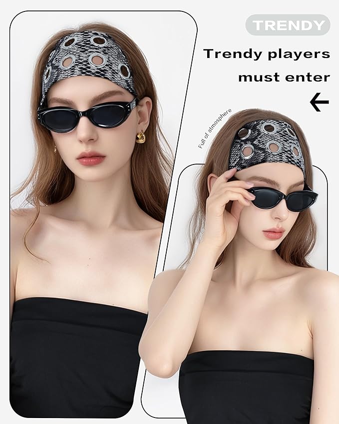 Grommet Headband for Women, Grey Snake 23cm Hollow Out Elastic Hair Band, Eyelets Punk Grunge Stylish Hairband