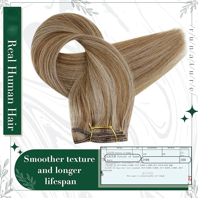 RUNATURE Blonde Clip in Hair Extensions, Real Human Hair Clip in Extensions, Remy Hair Extensions Clip Ins, Add Hair Volume, 14 Inch 50g 3pcs #10P16 Dark Blonde Highlight Caramel Blonde