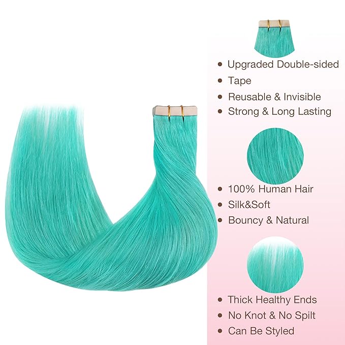 GOO GOO Tape in Hair Extensions Human Hair, Teal Green, 10inch 20g 10pcs, Colored Tape ins Human Hair Extensions, Silky&Soft Invisible Tape Ins, Hair Highlighted for Party