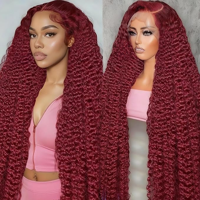 22 Inch 99J Burgundy Lace Front Wigs Human Hair Deep Wave 13x6 HD Lace Front Wigs Pre Plucked with Baby Hair Wet and Wavy Human Hair Wig 200% Density Deep Curly Frontal Wigs for Black Women