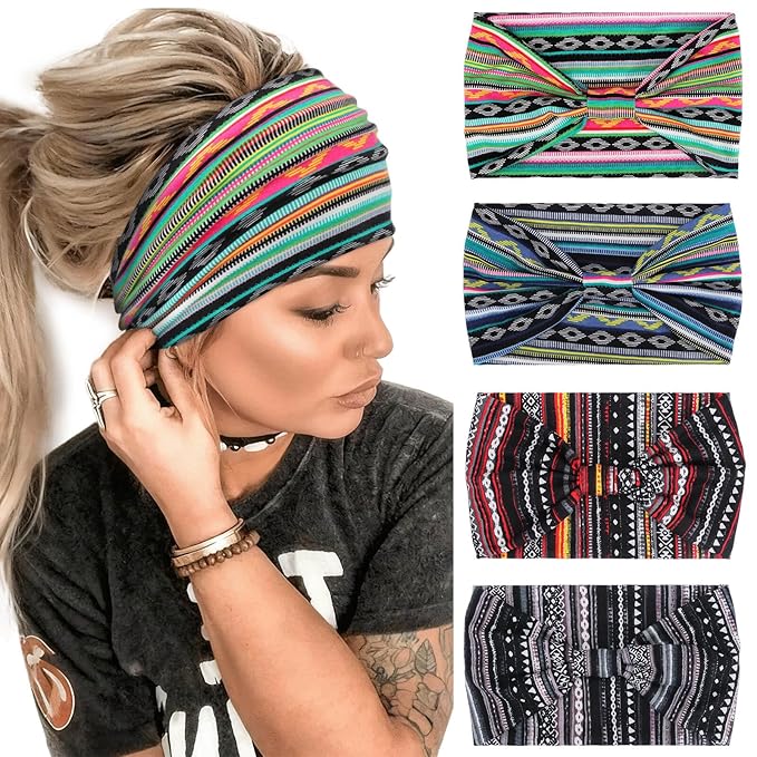 DRESHOW 4 Pack Turban Headbands for Women Wide Vintage Head Wraps Knotted Cute Hair Band Accessories