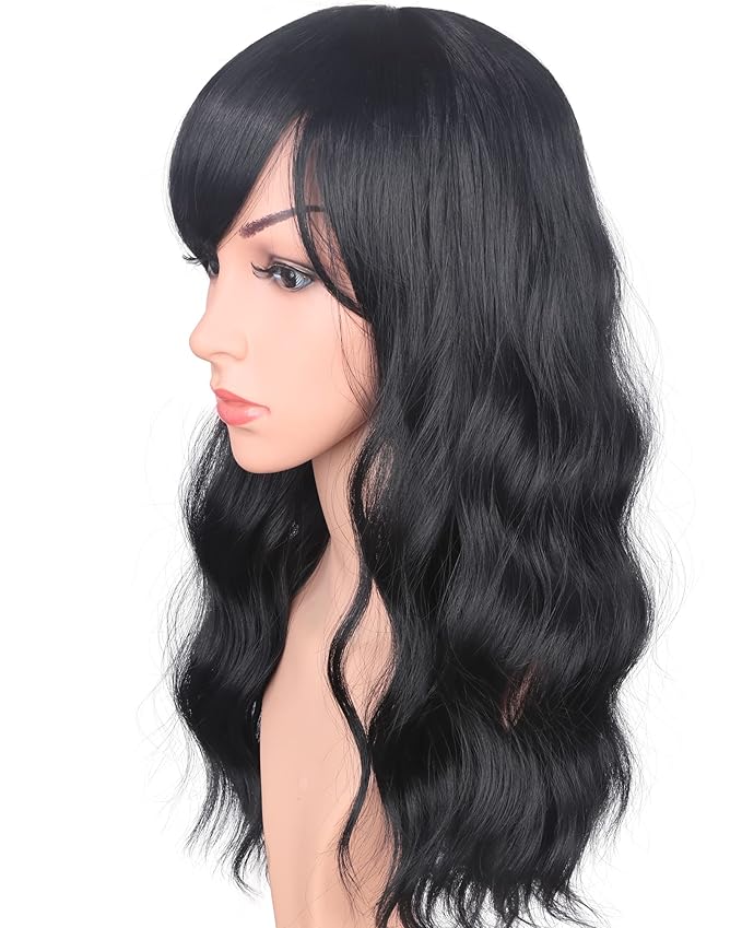 Medium Long Black Wavy Wigs For Women Synthetic Full Hair Natural Black Wigs With Side Bangs For Daily Use 16 Inches (NATURAL BLACK(1#))