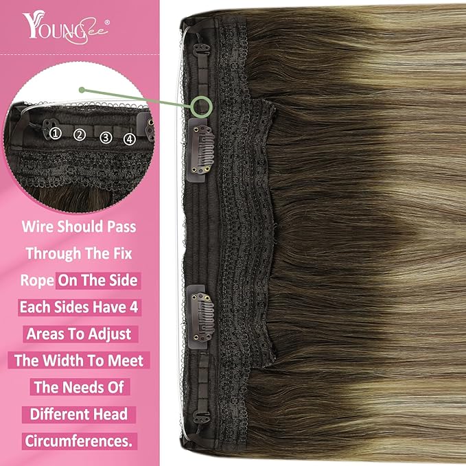 YoungSee 120G Invisible Wire Hair Extensions Ombre Wire Human Hair Extensions Walnut Brown Balayage Light Brown with Blonde Human Hair Fish Line Extension Easy to Wear 18inch