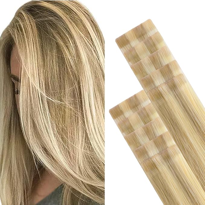GOO GOO Invisi Edge Tape in Hair Extensions Human Hair, 16/22 Light Blonde Highlighted Golden Blonde, 10pcs 18inch 25g, Virgin Remy Hair, Seamless Injected Tape, Natural Look