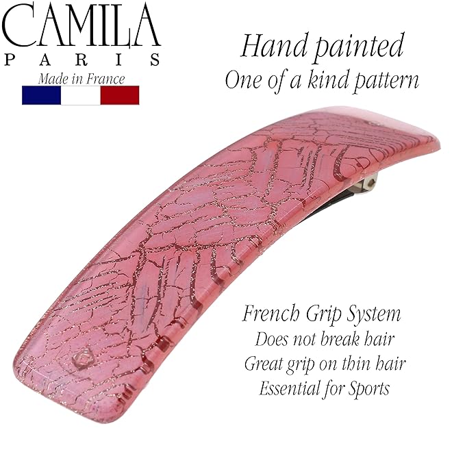 Camila Paris CP2278 French Hair Barrette Clip for Girls Large Pink and Gold Swirls, Strong Hold Grip Hair Clips for Women, No Slip and Durable Styling Girls Hair Accessories, Made in France