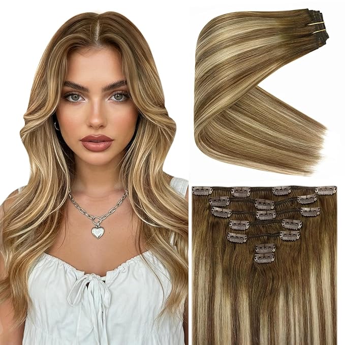 Ve Sunny Balayage Clip in Hair Extensions Brown Blonde Human Hair Clip in Extensions Ombre Hair Extensions Real Human Hair Clip ins Short Straight Hair Soft and Natural 100g 14in