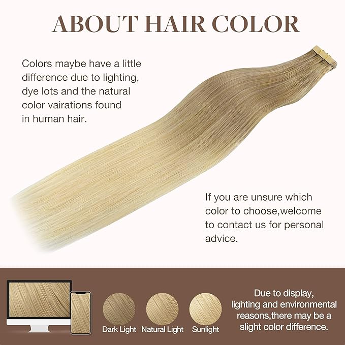 GOO GOO Tape in Hair Extensions Human Hair, O18G/22G Ombre Beige Blonde with Ash Highlights, 16inch 50g 20pcs, Skin Weft Seamless Invisible, Silky Straight with Thick Ends, Remy Human Hair