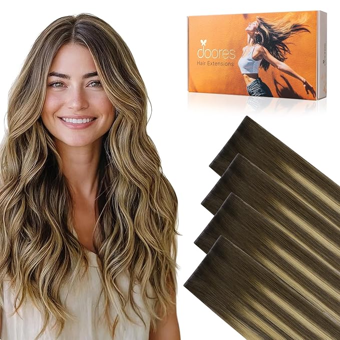 DOORES Invisi Edge Tape in Wide Hair Extensions Human Hair, Chocolate Brown to Caramel Blonde 4PCS Injection Tape ins 20g 16 Inch, Virgin Human 3 Inch Wide Injected Extensions Invisible