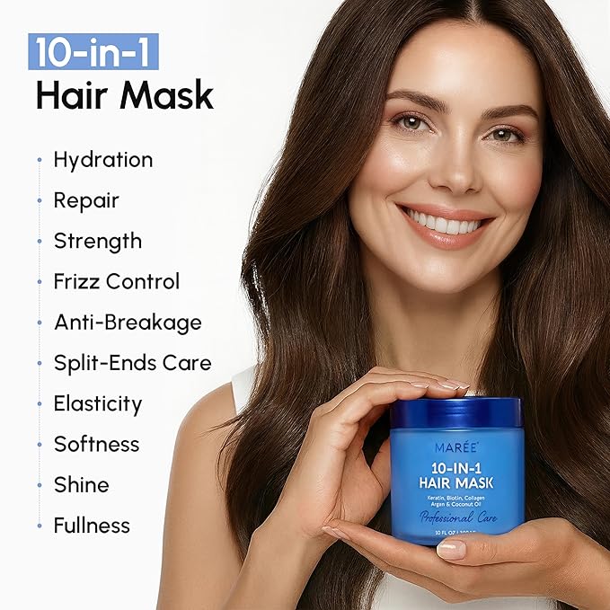 MAREE Deep Conditioning 10-In-1 Hair Mask for All Hair Types – Keratin Hair Treatment with Biotin, Natural Oils & Vitamins for Hair Care, Repair & Hydration – Tratamiento Mascarilla Para Cabello