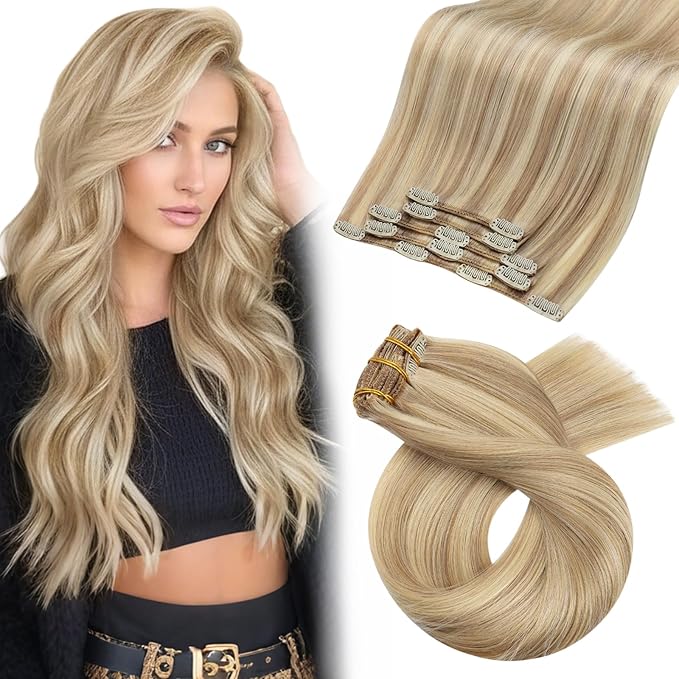 Moresoo Clip in Hair Extensions Real Human Hair Remy Human Hair Clip in Extensions Dark Ash Blonde Highlight with Golden Blonde Hair Extensions for Women 5pcs 80g 18inch