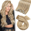Moresoo Clip in Hair Extensions Real Human Hair Remy Human Hair Clip in Extensions Dark Ash Blonde Highlight with Golden Blonde Hair Extensions for Women 5pcs 80g 18inch