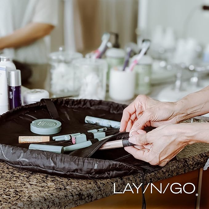 Lay-n-Go Cosmo Layflat Drawstring Cosmetic & Makeup Bag Organizer w/Zipper Pocket, Brush Loops & More, Cinch to Close, Lay Flat to Use, Durable, Machine Wash, Travel Toiletry Bag (20", Lips/Black)