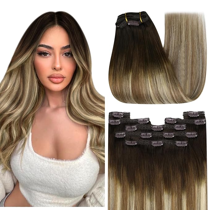 YoungSee Balayage Clip in Hair Extensions Brown Ombre Clip in Extensions Remy Hair Clip on Hair Extension for Women Chocolate Brown Roots to Medium Brown with Blonde 12inch 85g