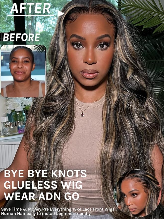 KLAIYI Bye Bye Knots Glueless Wig Human Hair 13x4 Balayage Highlight 3D Body Wave Precut Lace Front Wig with Baby Hair Black Mix Blonde Brown Pre Plucked Pre Bleached Knots Wig 30S Easy to Wear 26Inch