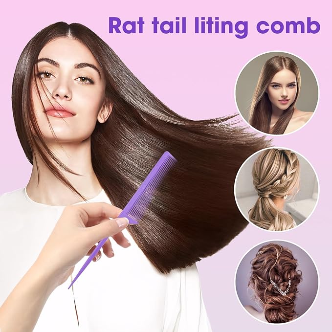 Rat Tail Comb for Women: 2Pcs Purple Fine Tooth Parting Tip Carbon Fiber Root Teasing Anti Static Hair Comb