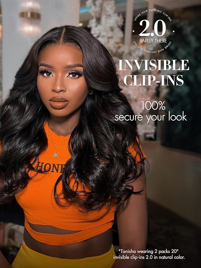 LUVME Invisible Clip in Hair Extensions,Body Wave 18 Inch 2 Pack 220g 12pcs Human Hair Invisible Clip ins Hair Extensions Natural Black Hair for Women
