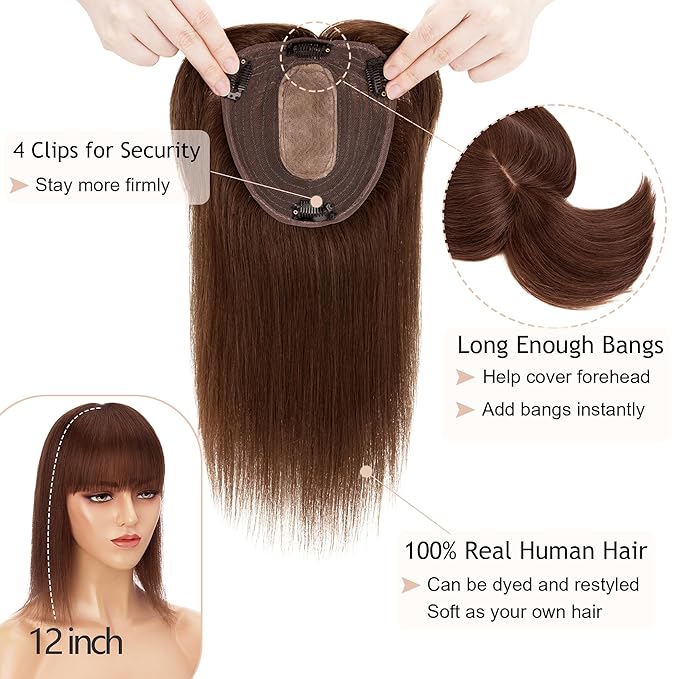Hair Toppers for Women Real Human Hair With Bangs, 13 * 15 cm Larger Silk Base 150% Density Clip In Topper Hairpieces, Wiglet Top Pieces Add Volume -12 Inch 04 Medium Brown