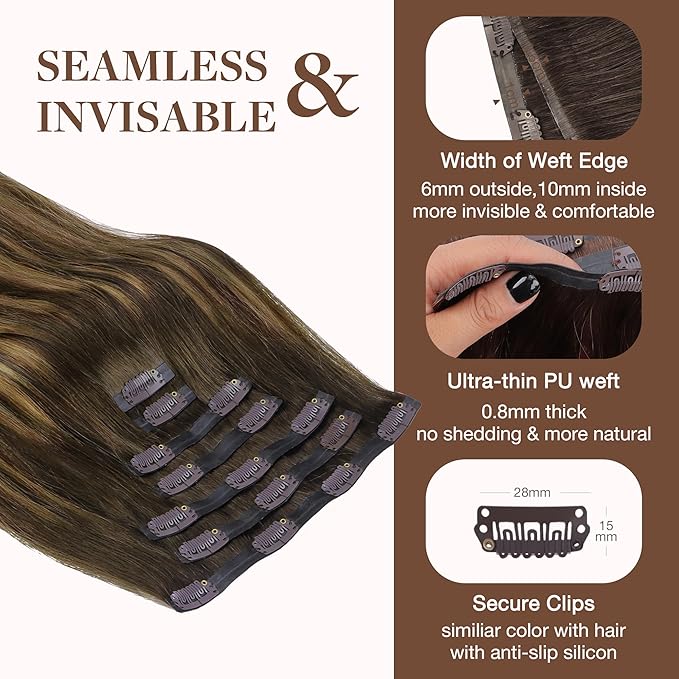 GOO GOO Clip in Hair Extensions Real Human Hair, Remy Human Hair Extensions Clip ins for Women, Natural Human Hair, 18inch 170g 9Pcs, #4/27/4 Balayage Chocolate Brown to Caramel Blonde
